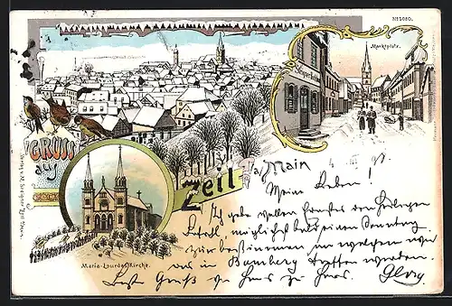 Winter-Lithographie Zeil a. Main, Maria-Lourdes Kirche, Marktplatz, Ortsansicht