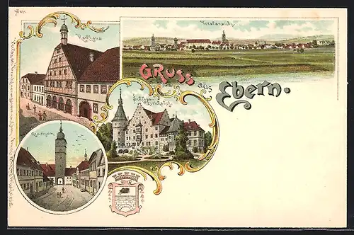 Lithographie Ebern, Rathaus, Strassenpartie am Grauturm, Schloss Eyrichshof, Totalansicht