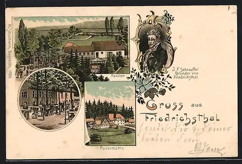 Lithographie Friedrichsthal, Pavillon mit Gartenwirtschaft, Pudermühle, J. F. Schnauffer Gründer von Friedrichsthal