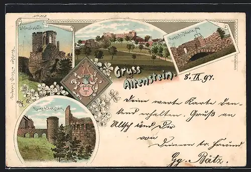 Lithographie Altenstein, Schlosskapelle, Ruine, Aussichts-Warte, Totalansicht