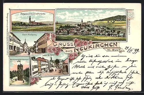 Lithographie Neukirchen, Totalansicht, Franziskanerkloster mit Pfarrkirche, Oberer Marktplatz