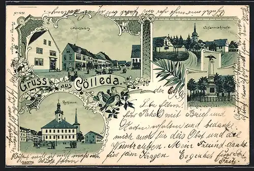 Lithographie Cölleda, Kriegerdenkmal, Rathaus, Marktplatz und Johanniskirche
