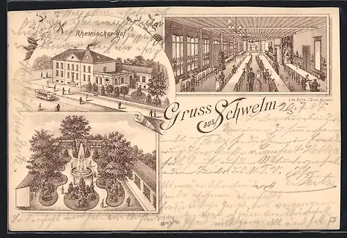 Lithographie Schwelm, Hotel Rheinischer Hof, Innenansicht