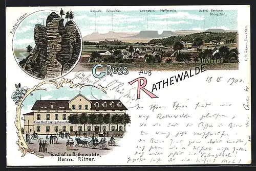 Lithographie Rathewalde, Gasthof zu Rathewalde, Panorama mit Pabststein, Lilienstein und Festung Königstein