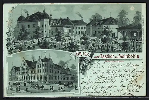 Lithographie Weinböhla, vor Försters Gasthof, Gäste im Schlosshof