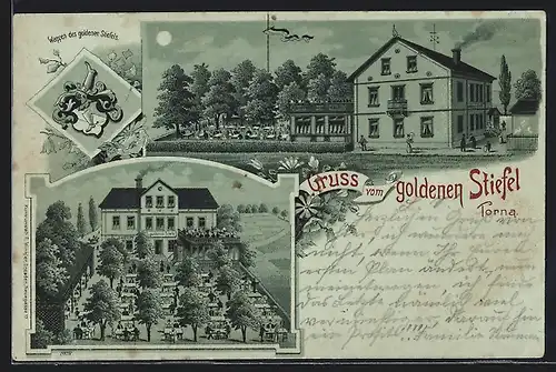 Lithographie Dresden-Torna, Gasthaus zum goldenen Stiefel mit Wappen