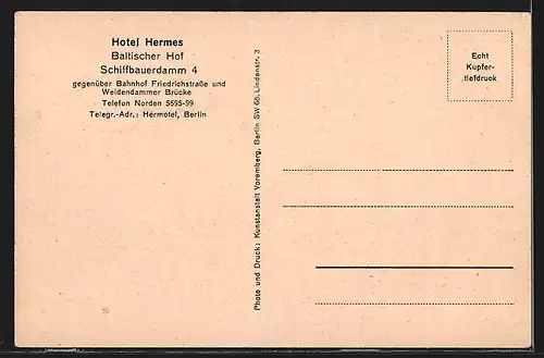 AK Berlin, Hotel Hermes, Baltischer Hof, Schiffbauerdamm 4