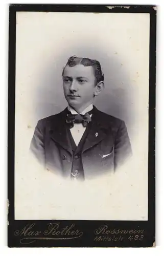Fotografie Max Rother, Rosswein, Mittelstr. 488, Junger Bursche im schwarzen Anzug mit Fliege und Anstecknadel