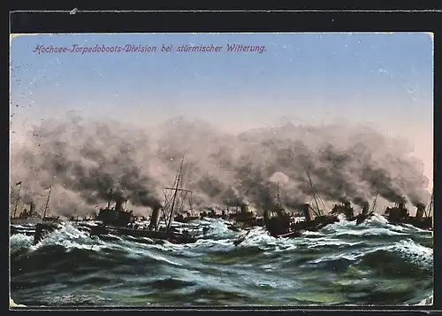 AK Kriegsschiffe bei stürmischer Witterung auf hoher See