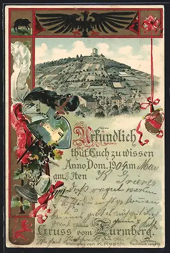 Lithographie Durlach, Blick auf Turmberg mit Burg
