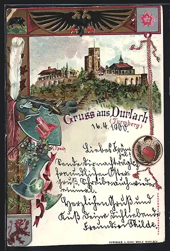 Lithographie Durlach, Turmberg mit Burg