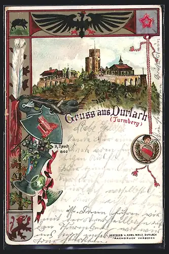 Lithographie Durlach, Ansicht des Turmbergs mit Burg