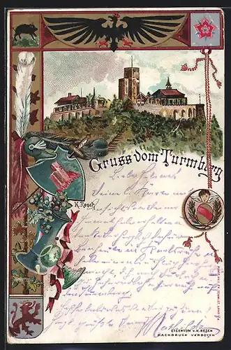 Lithographie Durlach, Blick auf den Turmberg