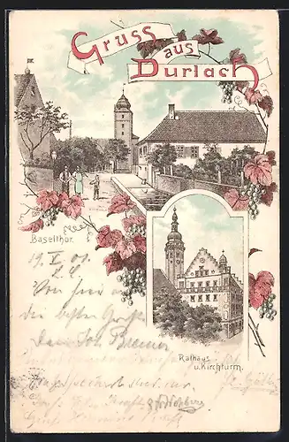Lithographie Durlach, Am Baselthor, Rathaus u. Kirchturm