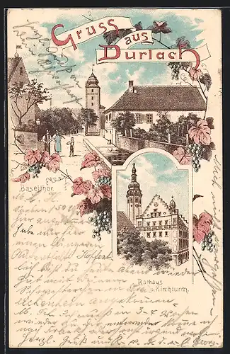 Lithographie Durlach, Strassenpartie am Baselthor, Rathaus u. Kirchturm