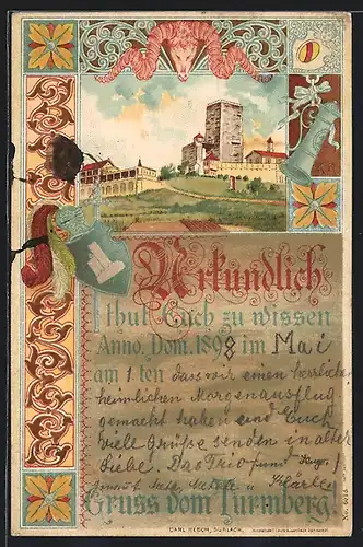 Lithographie Durlach, Blick auf die Burg auf dem Thurmberg