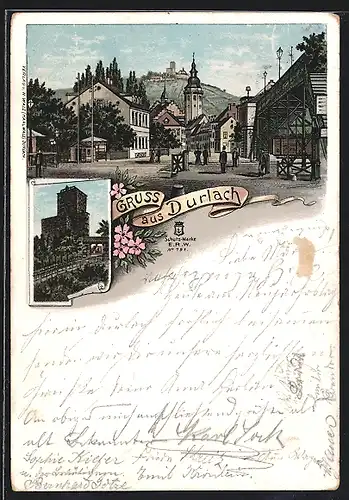 Lithographie Durlach, Ortspartie mit Kirche, Burg und Turmberg