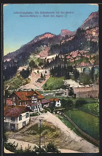 AK Blausee-Mitholz, Lötschbergbahn und Hotel des Alpes