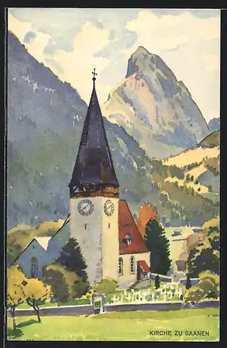 Künstler-AK Saanen, Kirche gegen die Berge