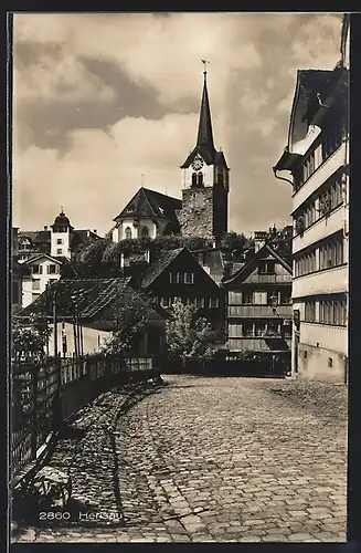 AK Herisau, Strassenpartie mit Blick zur Kirche
