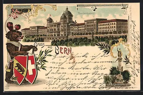Lithographie Bern, Bundespalast und Stadtwappen