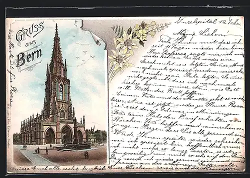 Lithographie Bern, Kirche mit Brunnen