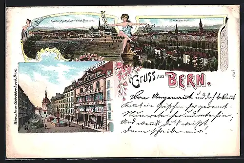 Lithographie Bern, Warenhaus Gebrüder Loeb, Kirchenfeldbrücke, Generalansicht