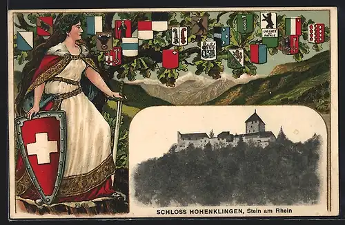 AK Bülach, Totalansicht und Helvetia mit Schweizer Wappen