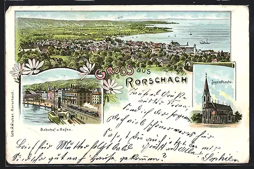 Lithographie Rorschach, Ortsansicht, Bahnhof und Hafen, Jugendkirche