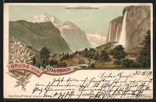 Lithographie Lauterbrunnen, Ort, Staubbach und Blick ins Lauterbrunnenthal