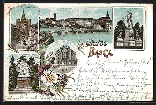 Lithographie Basel, Strassburger Denkmal, Spalentor, Basler Handelsbank