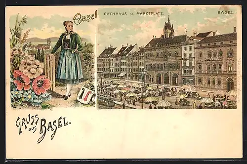 Lithographie Basel, Rathaus und Marktplatz, Tracht