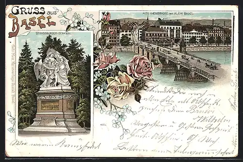 Lithographie Basel, Alte Rheinbrücke mit Klein Basel, Strassburger-Denkmal