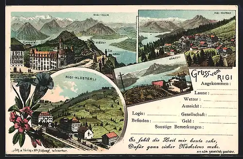 Lithographie Rigi, Klösterli, Kaltbad, Vierwaldstättersee, Känzeli