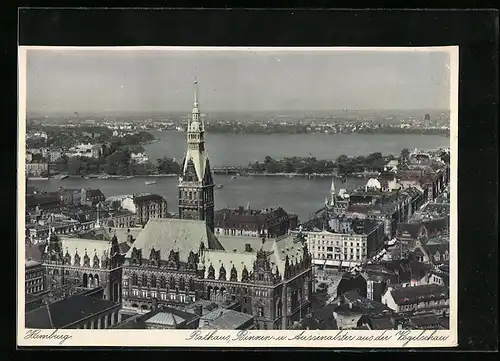 AK Hamburg, Rathaus, Binnen- und Aussenalster aus der Vogelschau