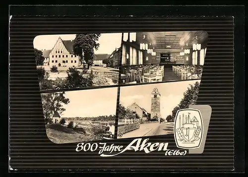 AK Aken /Elbe, Rathaus, Speisesaal VEB Flachglaswerk, Pegelhäuschen mit Fähre, 800 Jahre Aken, Wappen