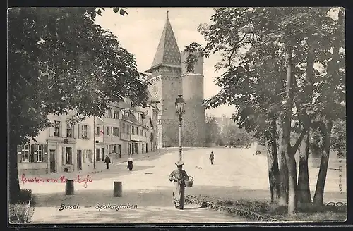 AK Basel, Spalengraben, Strassenpartie mit Turmgebäude