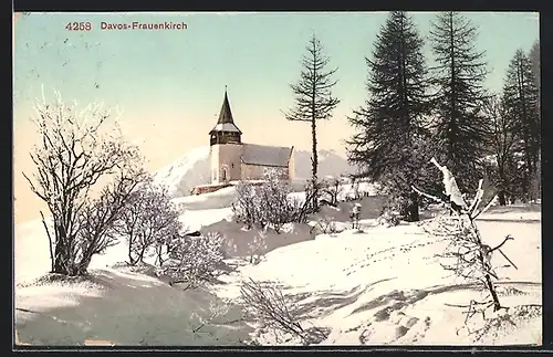 AK Davos-Frauenkirch, Kirche im Winterglanz