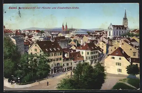 AK Basel, Generalansicht mit Münster und Elisabethen-Kirche