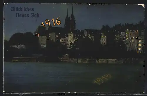 AK Basel, Nächtliches Panorama, Neujahrsgruss 1916