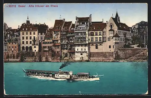 AK Basel, alte Häuser am Rhein