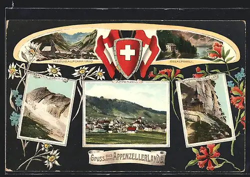 AK Appenzell, Ortsansicht, Wildkirchli, Schweizer Wappen, Fahne