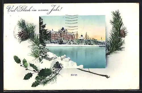 AK Zürich, Palais und See im Winter, Neujahrskarte