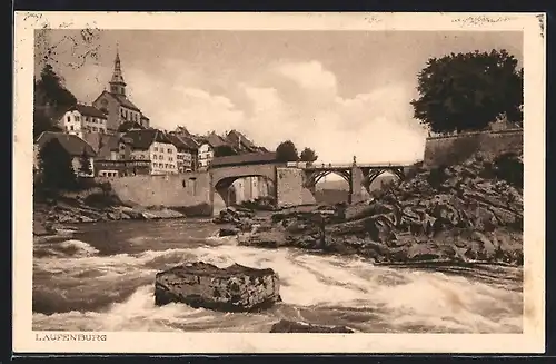 AK Laufenburg, Flussschnelle vor Brücke und Ortschaft
