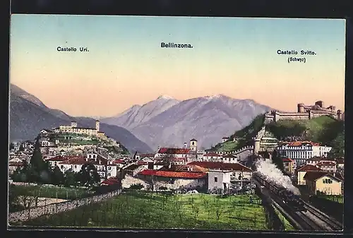 AK Bellinzona, Panorama mit Castello Uri & Castello Svitto