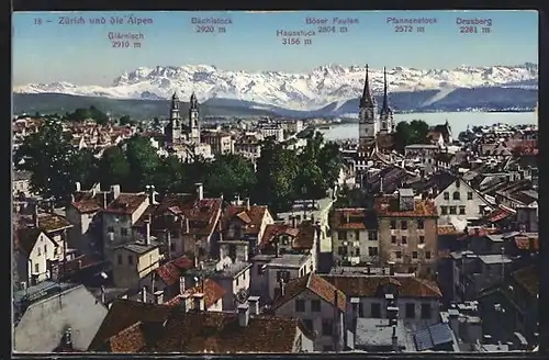 AK Zürich, Ortsansicht mit Kirchen und Alpen
