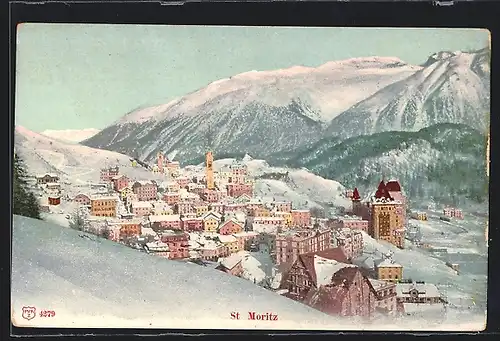 AK St. Moritz, verschneite Ortsansicht gegen Berge