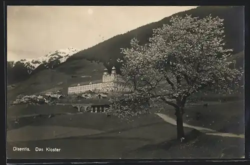 AK Disentis, Kloster hinter blühendem Baum im Grünen