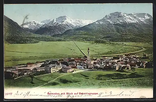 AK Samaden, Ortsansicht mit Blick auf die Berninagruppe