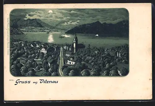 AK Vitznau, Teilansicht mit See bei Mondschein